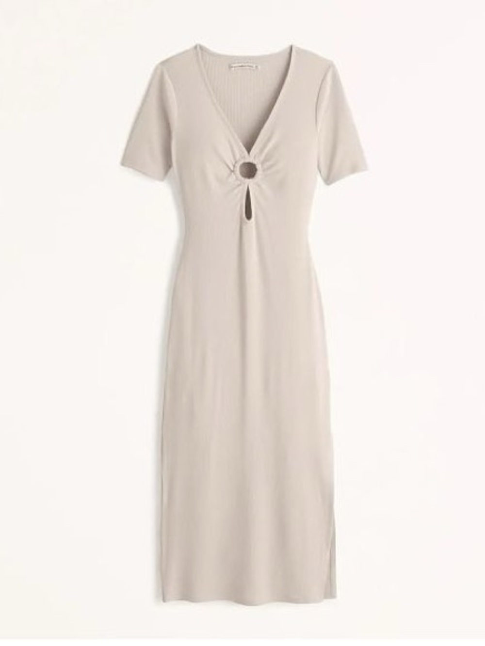 Abercrombie and Fitch Ribbed O Ring-Front Midi Dress in Light Beige